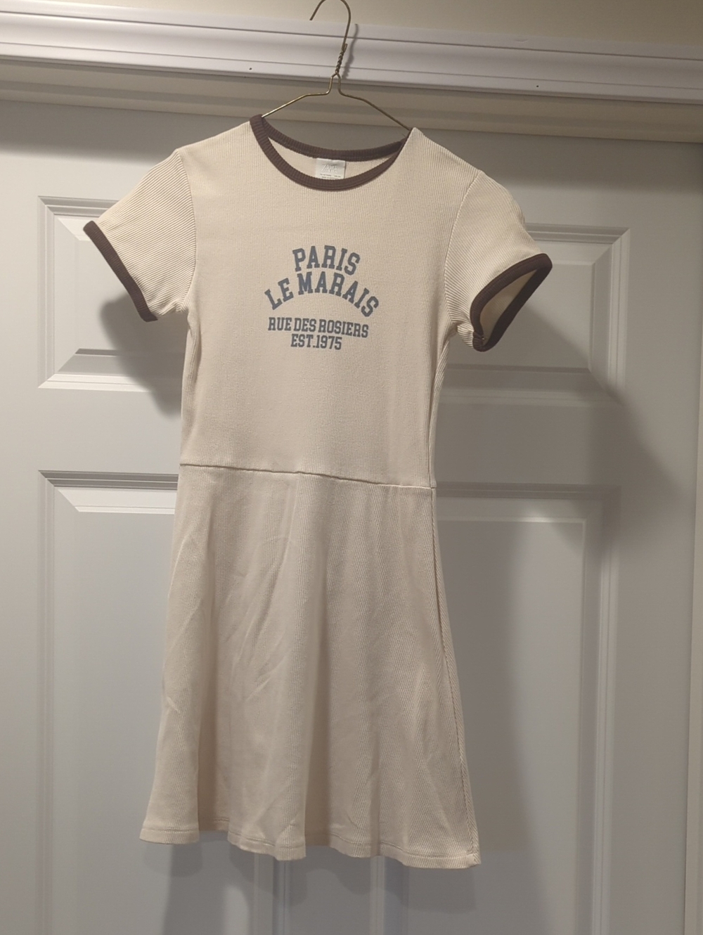 Zara Cream Dress with Brown Trim and Blue Paris Graphic